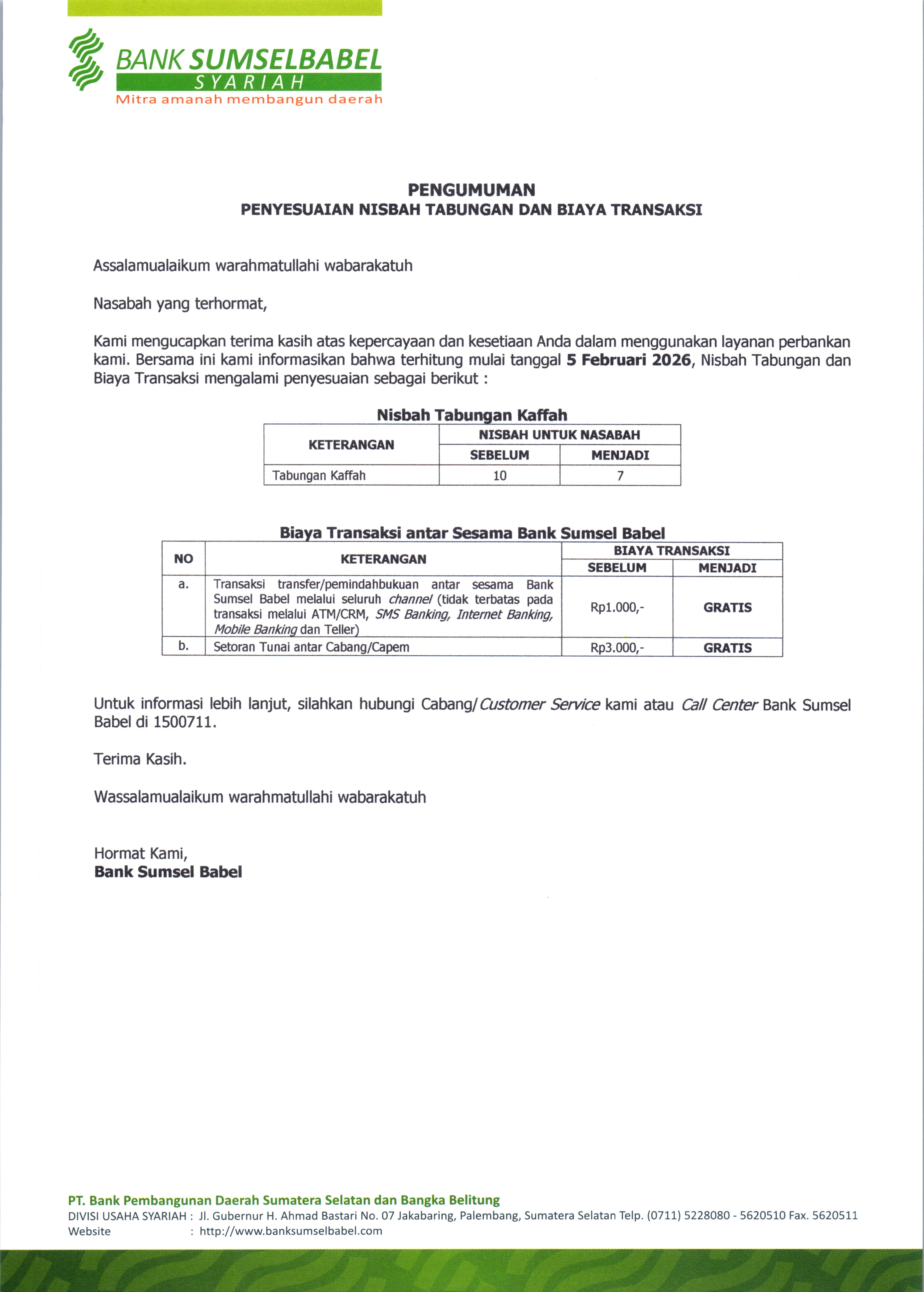 Pengumuman Penyesuaian Nisbah Tabungan dan Biaya Transaksi