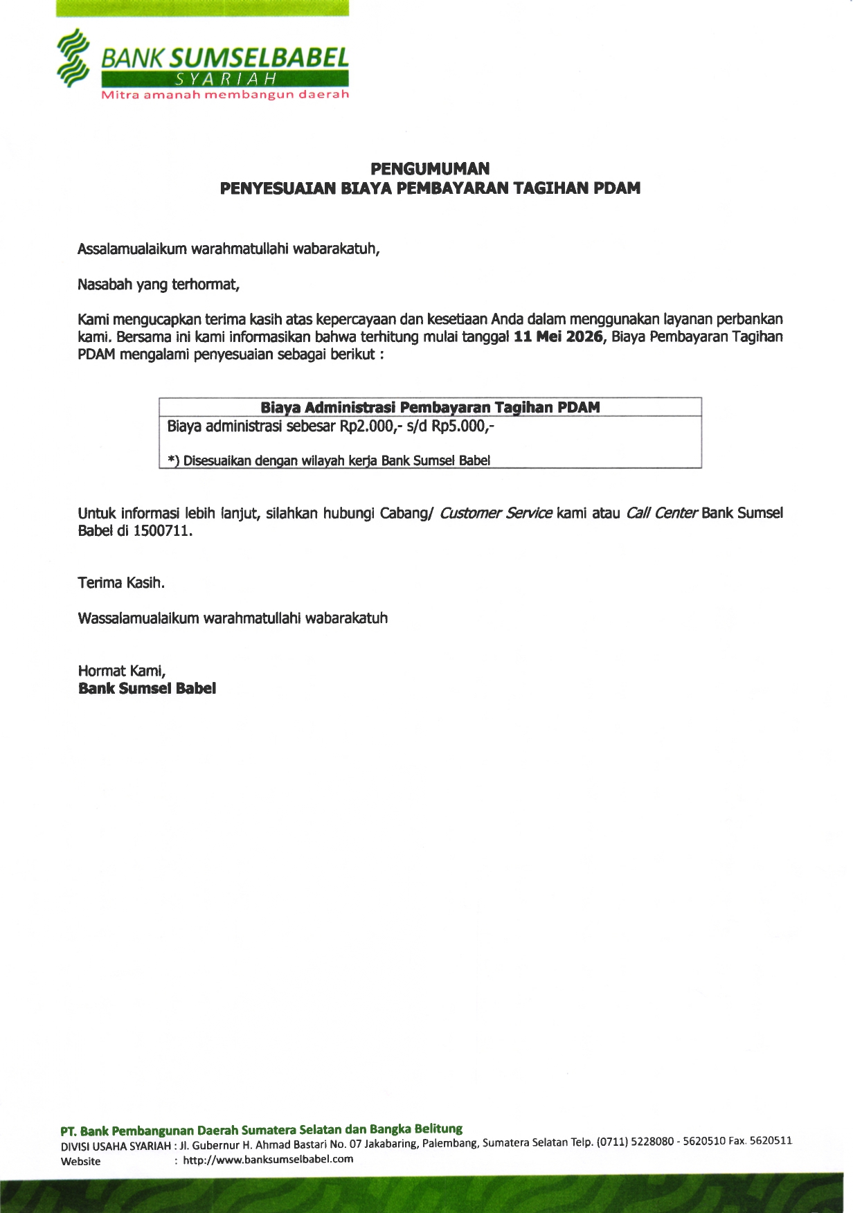 Adjustment of PDAM Bill Payment Fees
